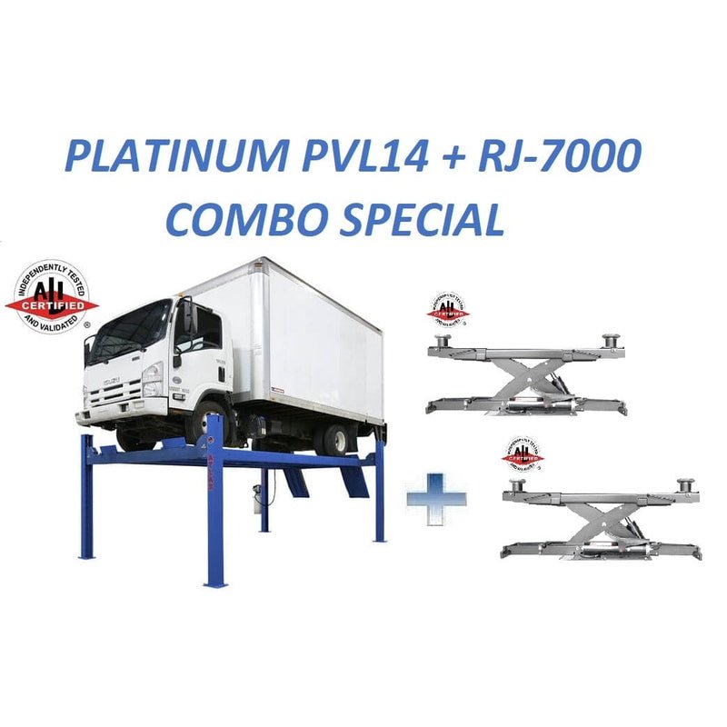 Atlas-PVL14-4PostLift_RJ7000-Combo Atlas Platinum PVL14 4 Post Lift + RJ7000 Rolling Jacks ALI Certified Combo - Image 1