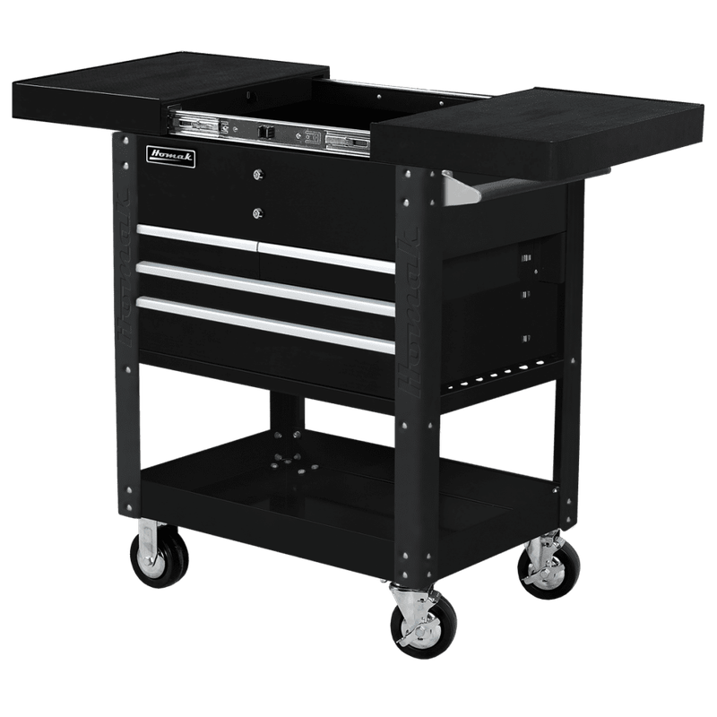 BK06043500_Pro-Series_35in-4dr-Slide-Top-Cart_open-4 Black Homak 35" Pro Series 4 Drawer Slide Top Service Cart