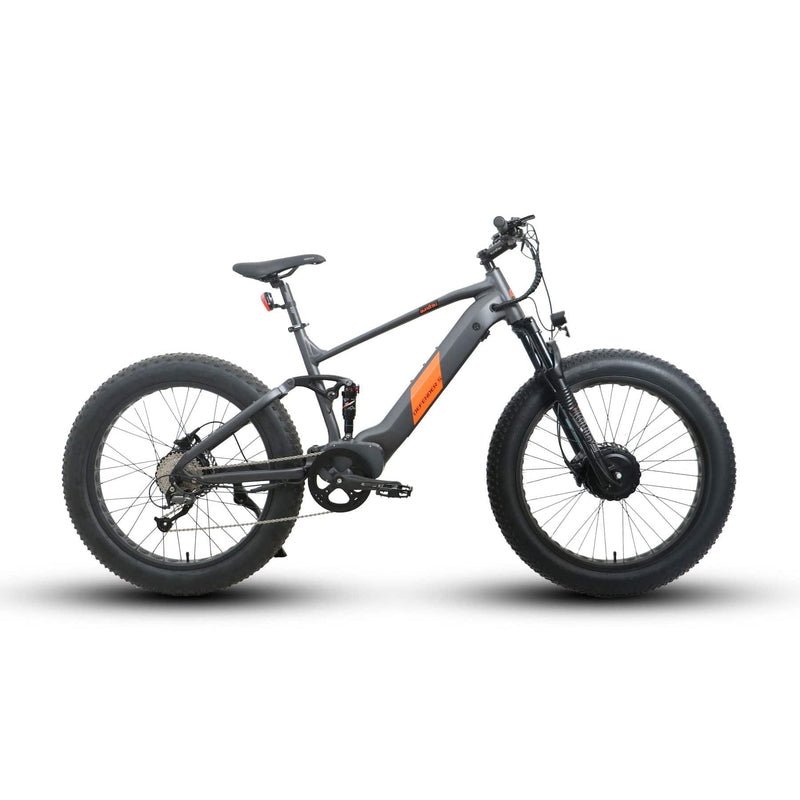 Eunorau-Defender-S-Gray-Facing-Right Eunorau Defender-S Dual Motor Fat Tire Electric Mountain Bike in grey color facing right