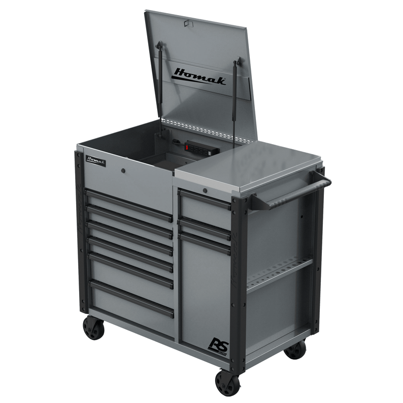 GR06044090_44in-RS-Pro-9-Drawer-Powered-Cart-W-workstation-2 Dim Gray Homak 44” RS Pro Series 9 Drawer Flip Top Power Service Cart with Workstation