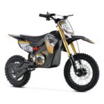 A black and yellow MotoTec 48v Pro Electric Dirt Bike 1600w Lithium with the number "199" on its front and side, featuring knobby tires and gold suspension forks.