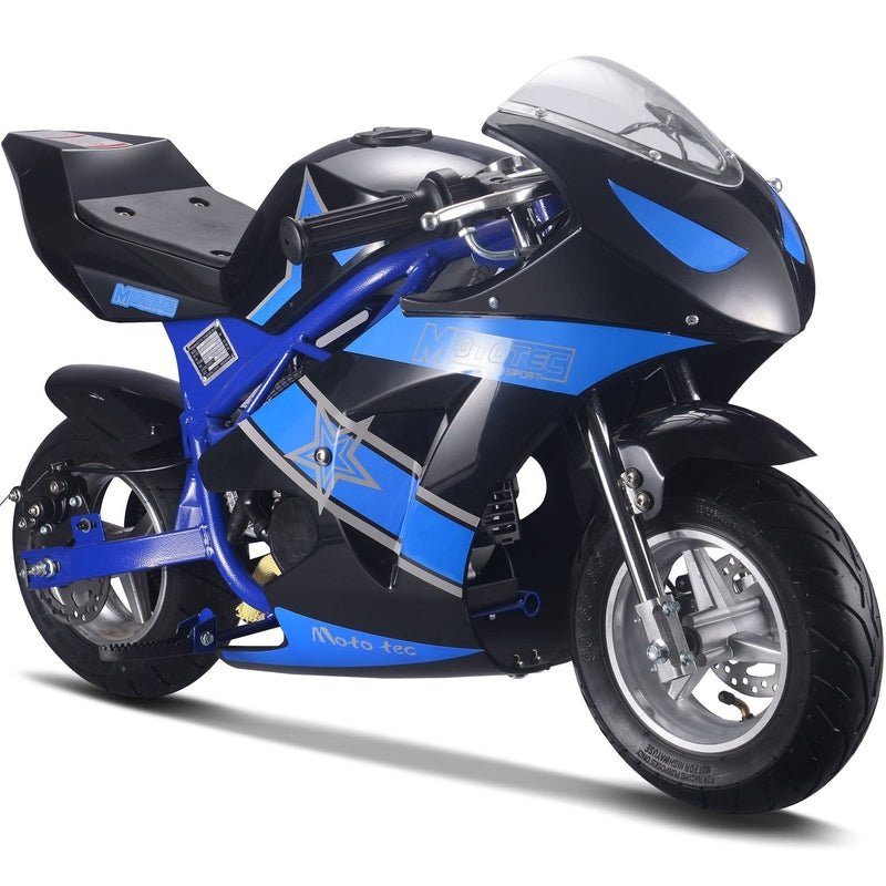 MT-Gas-GT_Blue MotoTec Gas Pocket Bike GT 49cc 2-stroke by MotoTec featuring a sleek design, pneumatic tires, and star graphic on the body in blue and black.